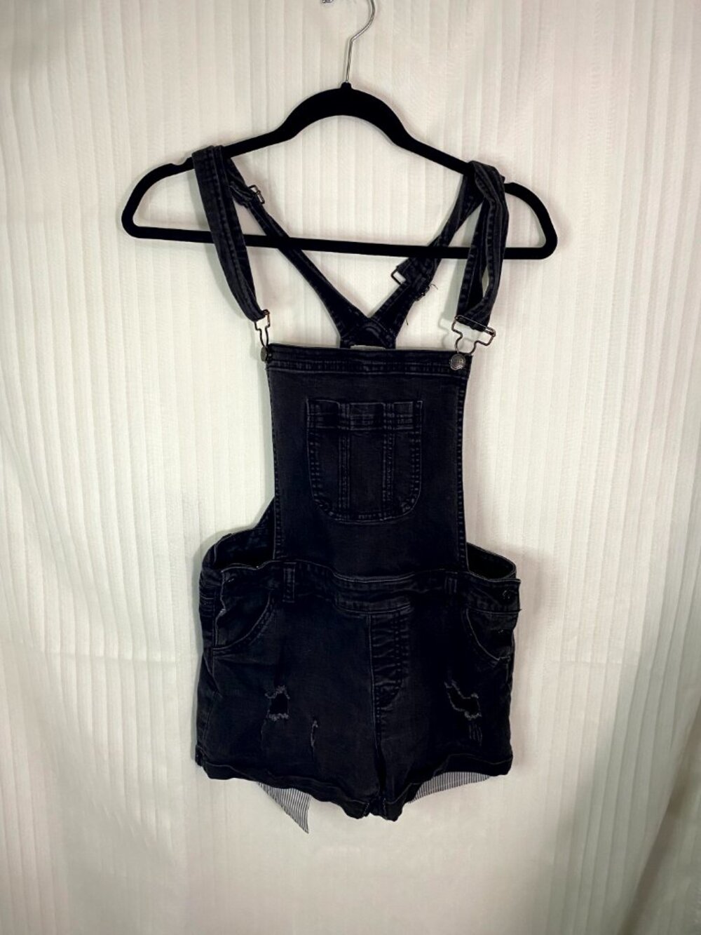 Wax Jean Black Denim Short Overalls Women’s Size L Distressed Bib Shorts Adjusta - Picture 2 of 7